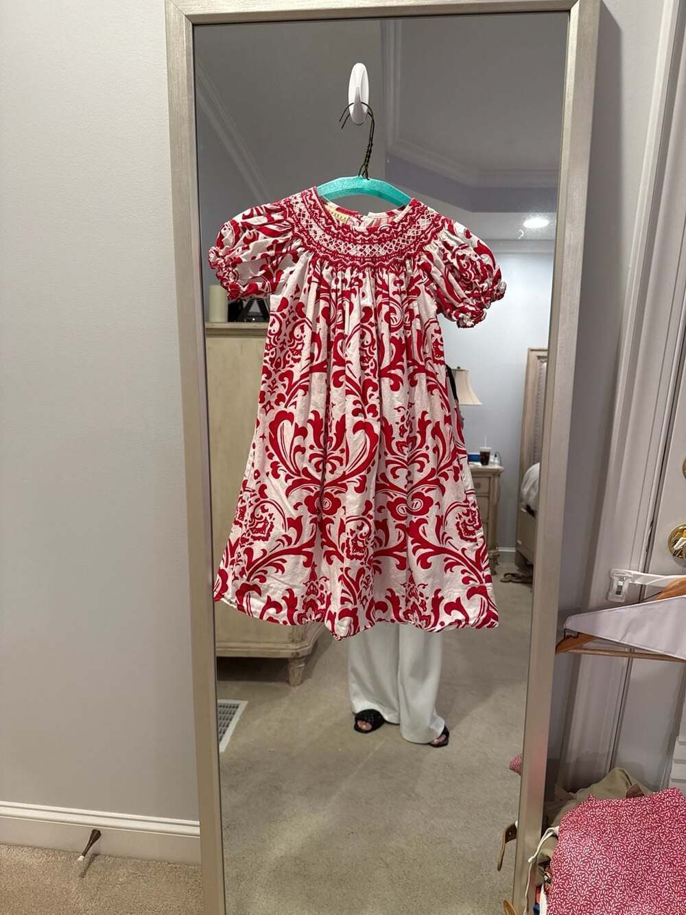 Le' Za Me Girls Red and White Damask Smocked Bishop Dress Size 5